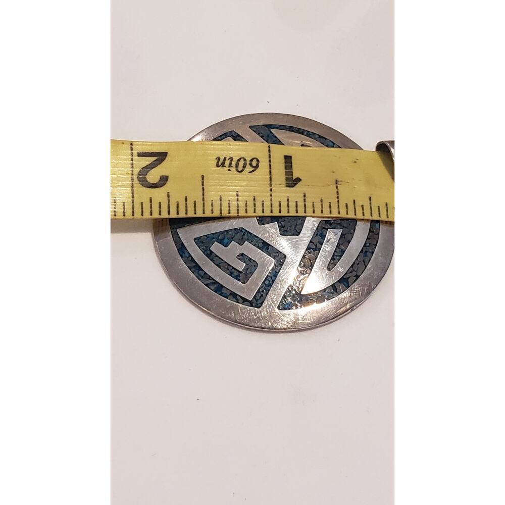 Vintage Taxco Pendant Big Sterling Inlay Turquoise Chip Aztec Native Mexico - Picture 10 of 10